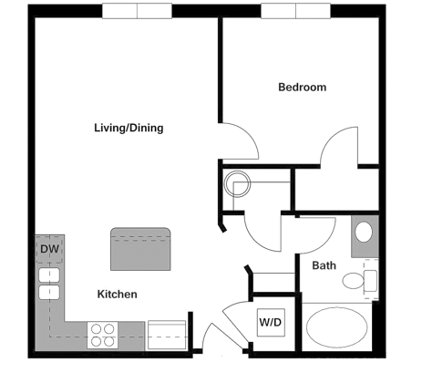 Floor plan for 1 bed, 1 bath, 633 sqft